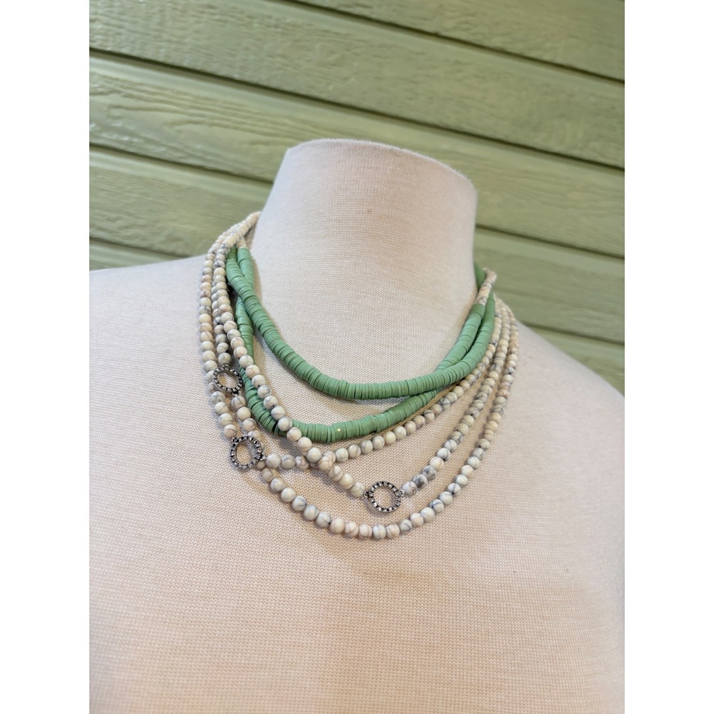 Cabi Multi Strand Statement Necklace Green Heishi Marbled White Beads Silver